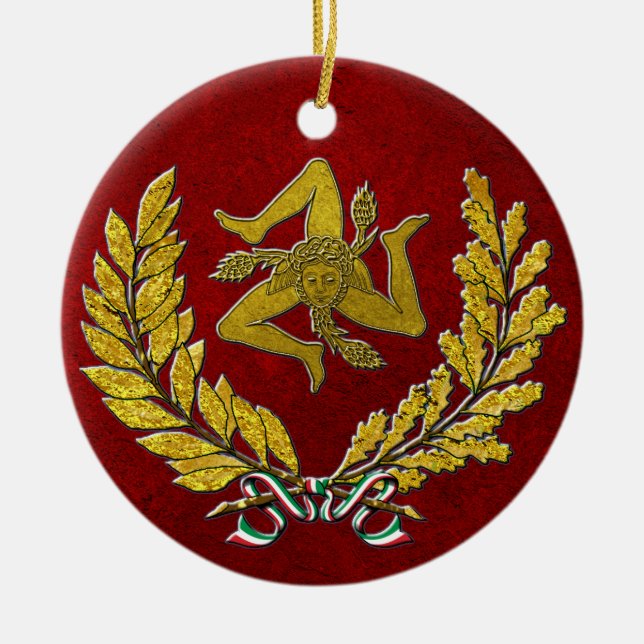 Sicilian Trinacria Heirloom in Gold on Red Ceramic Ornament (Front)