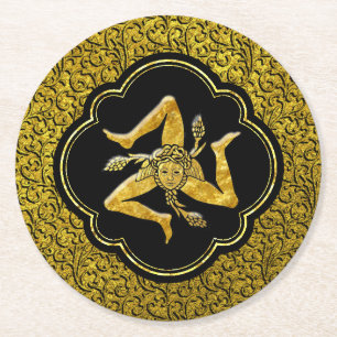 Sicilian Trinacria in Black and Gold Round Paper Coaster