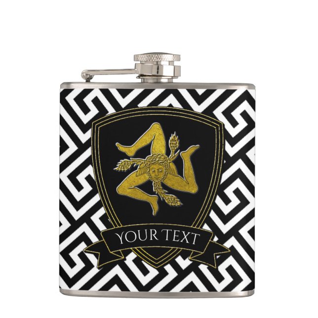 Sicilian Trinacria in Gold Your Text Flask (Front)