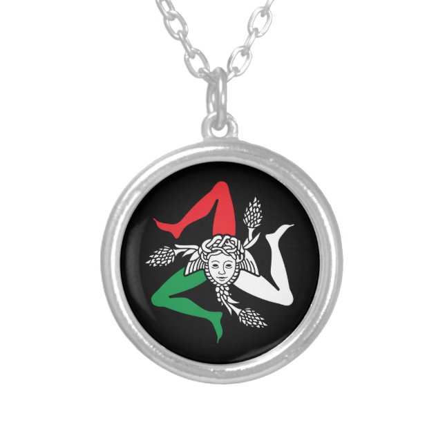 Sicilian Trinacria Medusa Emblem Italian Theme Silver Plated Necklace (Front)
