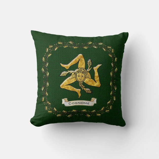 Sicilian Trinacria Olive Wreath Burlap Personalize Throw Pillow (Front)
