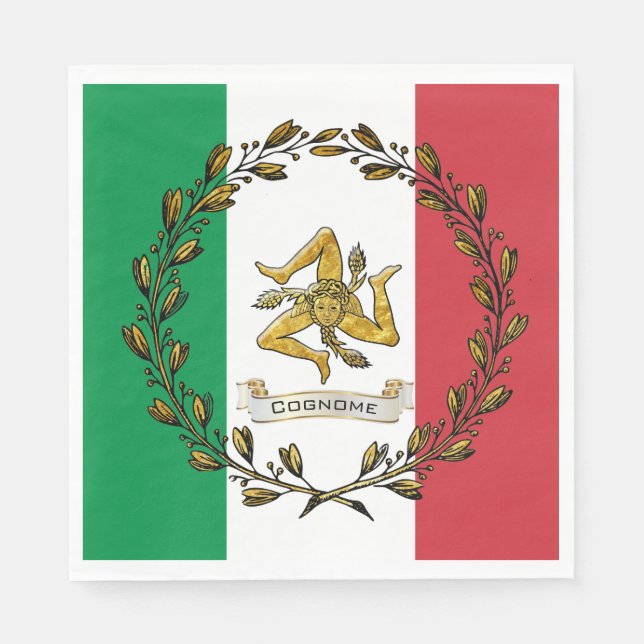 Sicilian Trinacria Olive Wreath Flag Personalize Napkins (Front)
