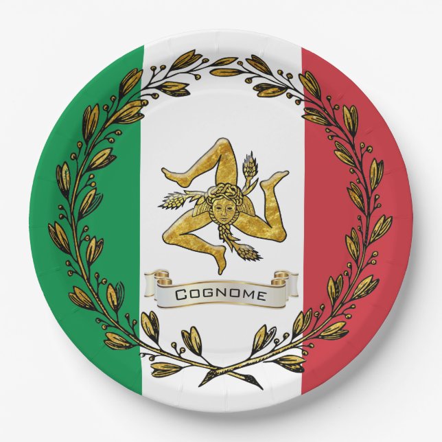 Sicilian Trinacria Olive Wreath Flag Personalize Paper Plates (Front)