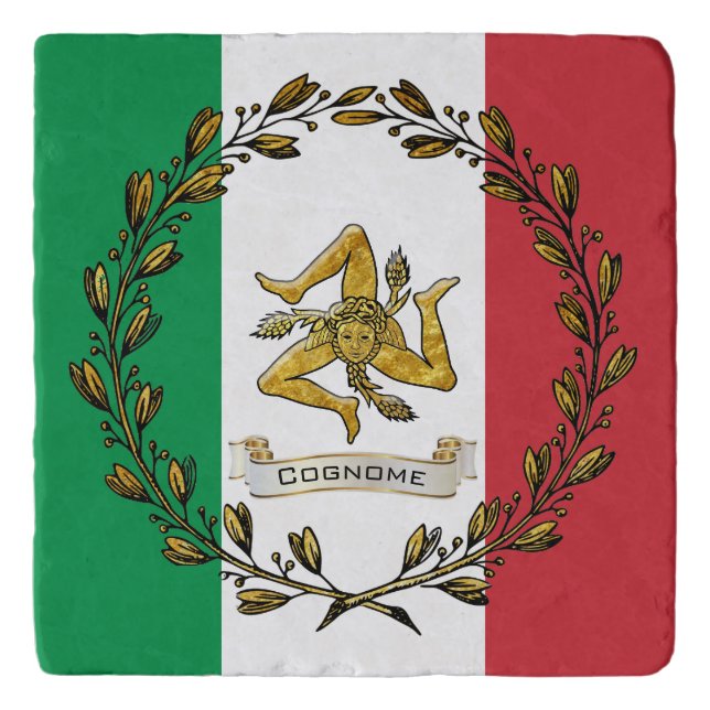 Sicilian Trinacria Olive Wreath Flag Personalize  Trivet (Front)