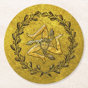 Sicilian Trinacria Olive Wreath Gold Round Paper Coaster by WRAPPED_TOO_TIGHT at Zazzle