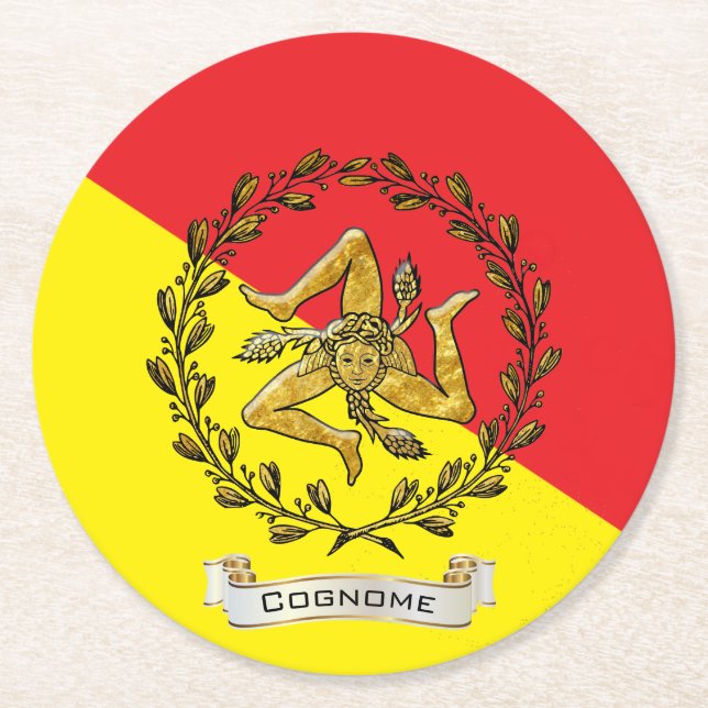Sicilian Trinacria Olive Wreath Personalize Round Paper Coaster (Front)