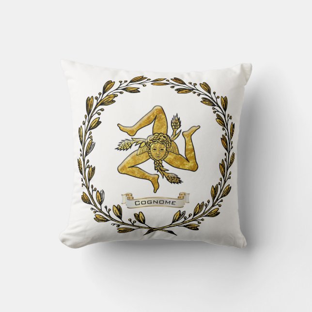 Sicilian Trinacria Olive Wreath Personalize Throw Pillow (Front)