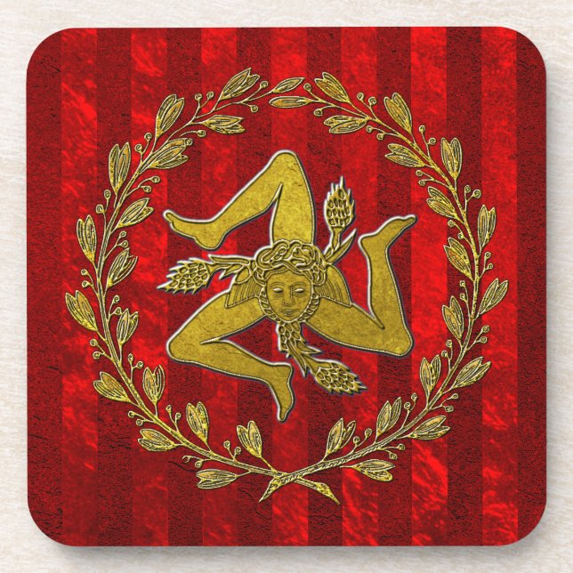 Sicilian Trinacria Olive Wreath Red Stripe Beverage Coaster (Front)