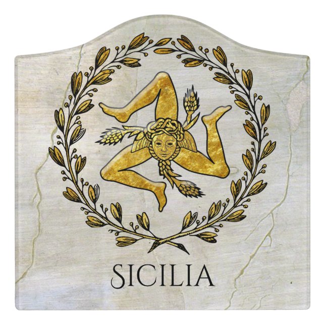 Sicilian Trinacria Olive Wreath  Your Text Door Sign (Large Crest Front)