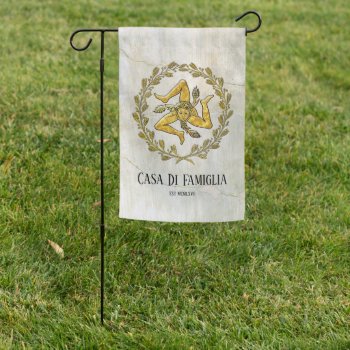 Sicilian Trinacria Olive Wreath Your Text  Garden Flag by WRAPPED_TOO_TIGHT at Zazzle