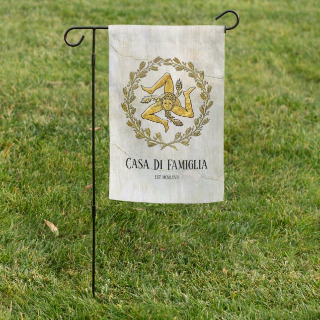 Sicilian Trinacria Olive Wreath Your Text  Garden Flag (In SItu)