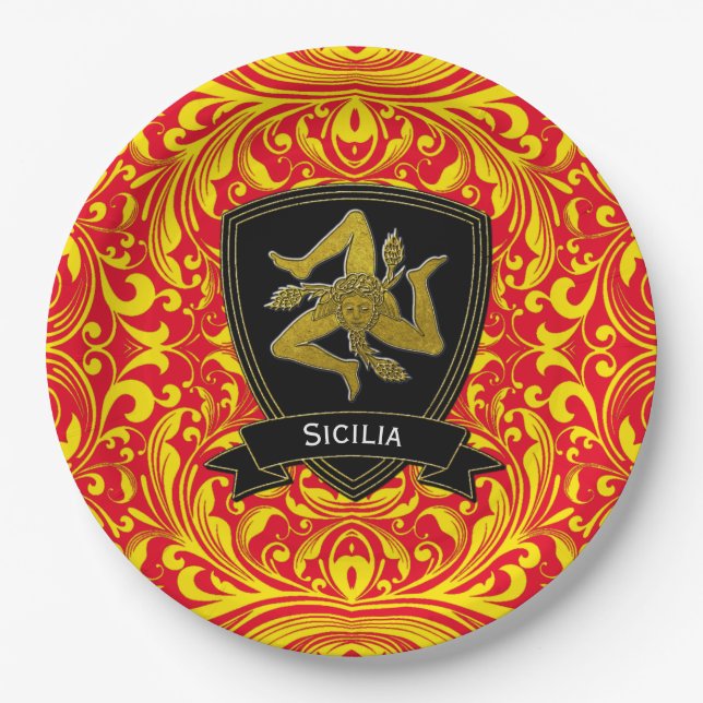 Sicilian Trinacria on Baroque Pattern Paper Plates (Front)