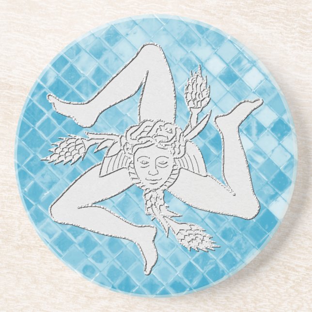 Sicilian Trinacria On Blue Mosaic Drink Coaster (Front)