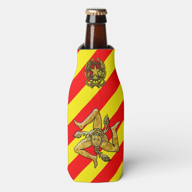 Sicilian Trinacria Red Yellow Stripe Bottle Cooler (Bottle Front)
