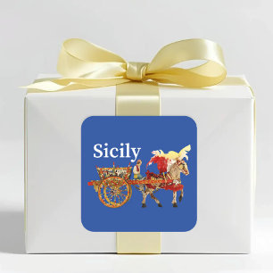 Sicily Cart and Horse Carretto Siciliano Blue Square Sticker
