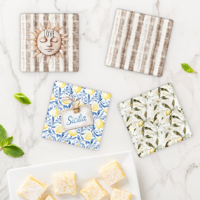 Sicily Cream Rustic Cream Sun Stripes Coaster Set (In Situ)