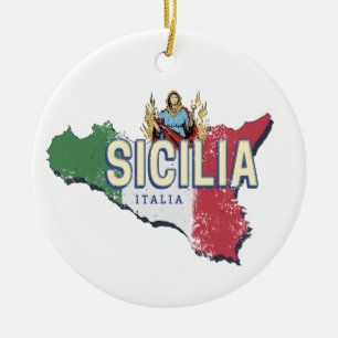Sicily Flag Italy Retro Map Vintage Souvenir Ceramic Ornament