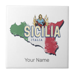 Sicily Flag Italy Retro Map Vintage Souvenir Ceramic Tile
