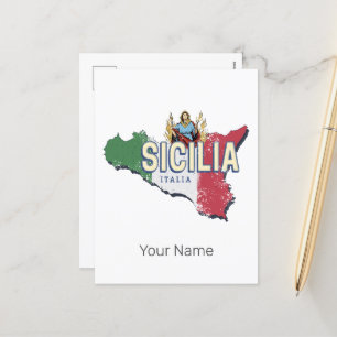 Sicily Flag Italy Retro Map Vintage Souvenir Holiday Postcard