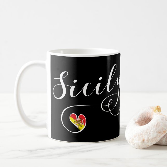 Sicily Heart Flag, Sicilian Coffee Mug (With Donut)