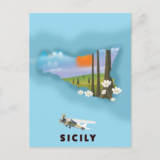 Sicily Illustrated map travel poster Postcard (Front)