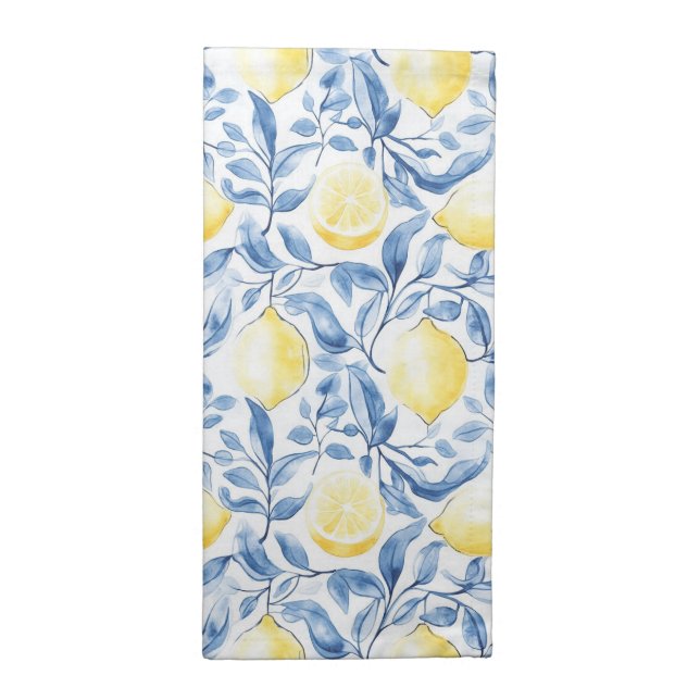 Sicily Italian Rustic Blue Leaves Lemons  Cloth Napkin (Half Fold)