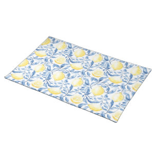 Sicily Italian Rustic Blue Leaves Lemons  Cloth Placemat