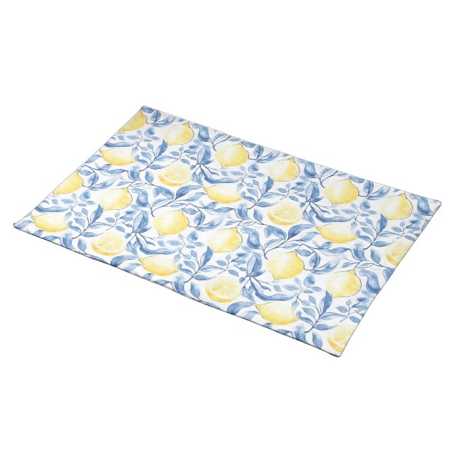Sicily Italian Rustic Blue Leaves Lemons  Cloth Placemat (On Table)