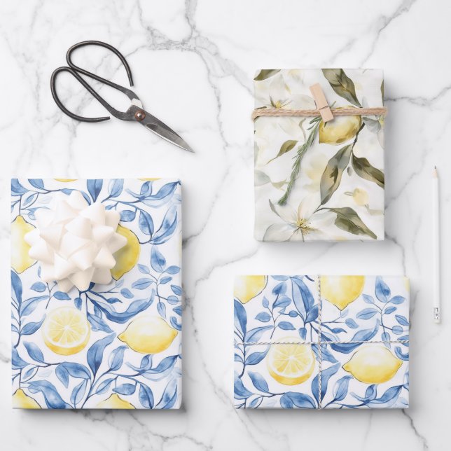 Sicily Italian Rustic Blue Leaves Lemons  Wrapping Paper Sheets (Front)