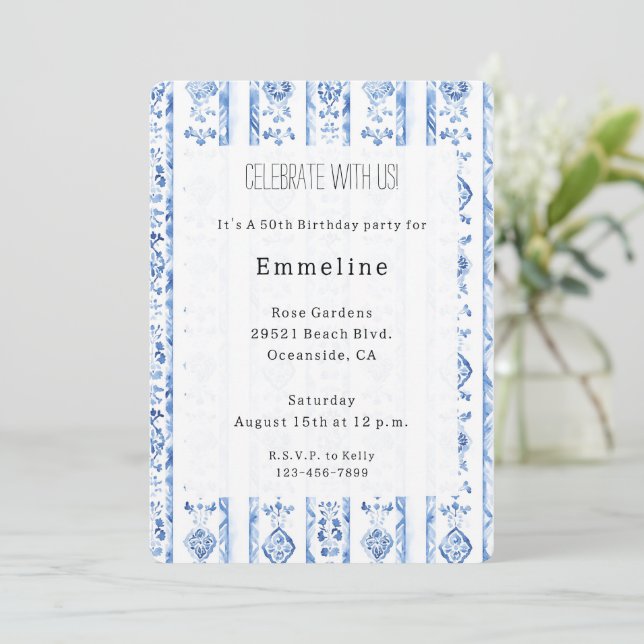 Sicily Italian Rustic Blue Stripes Birthday Invitation (Standing Front)