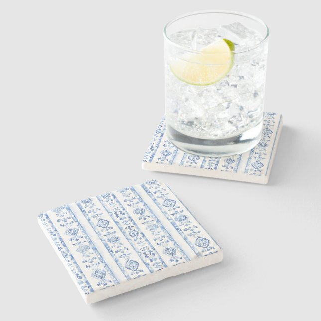 Sicily Italian Rustic Blue Stripes Stone Coaster (Side)