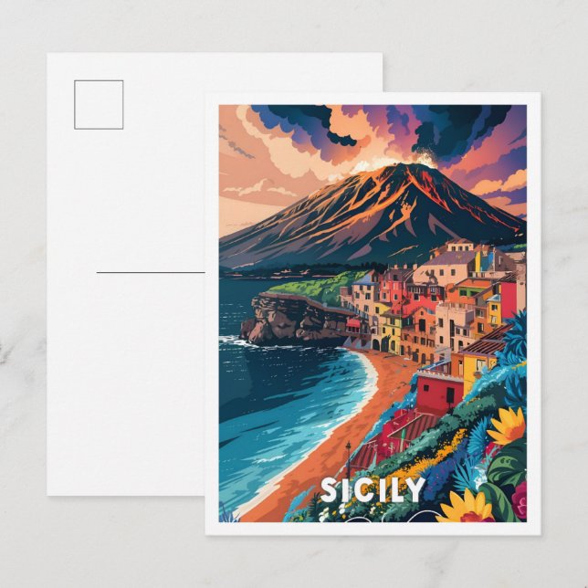 Sicily Italy Art Vintage Travel Illustration Postcard (Front/Back)