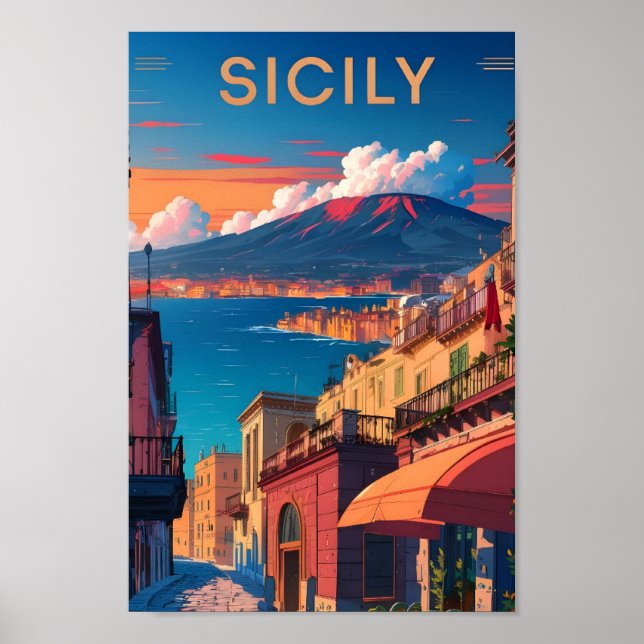 Sicily Italy Art Vintage Travel Illustration Poster (Front)