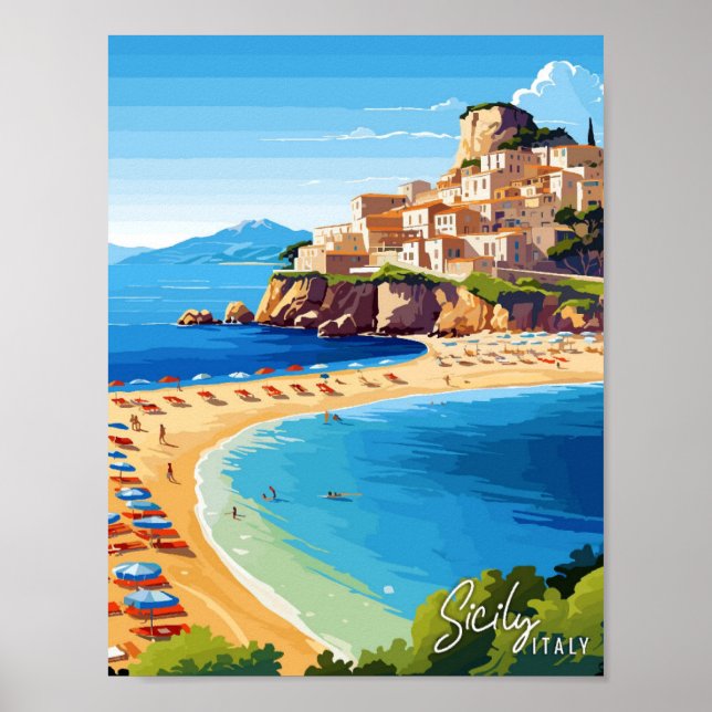 Sicily Italy Art vintage travel illustration Poster (Front)