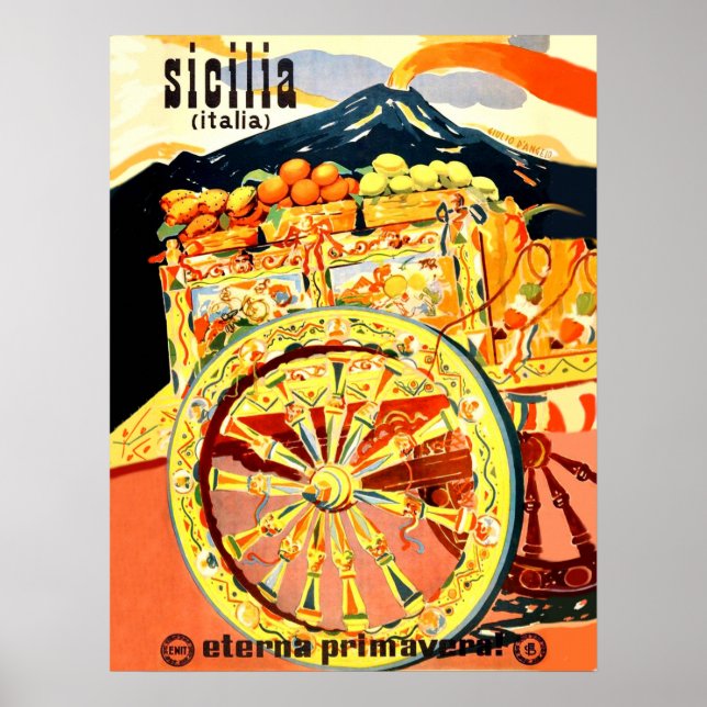 Sicily, Italy, carriage full of fruits, vintage Poster (Front)