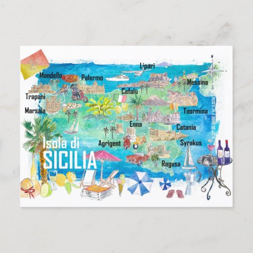 Sicily Italy Illustrated Travel Map  Postcard