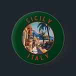 Sicily Italy Retro Distressed Circle Button<br><div class="desc">Sicily retro vector travel design. Sicily,  the largest Mediterranean island,  is just off the "toe" of Italy's "boot." Its rich history is reflected in sites like the Valley of the Temples.</div>