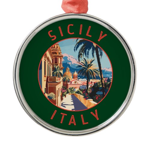 Sicily Italy Retro Distressed Circle Metal Ornament