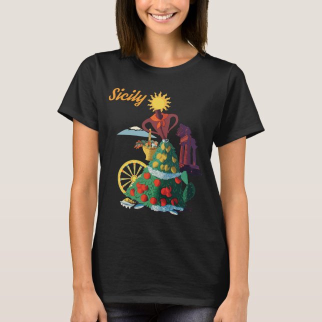 Sicily Italy Sun & Fruit Retro Travel T-Shirt (Front)