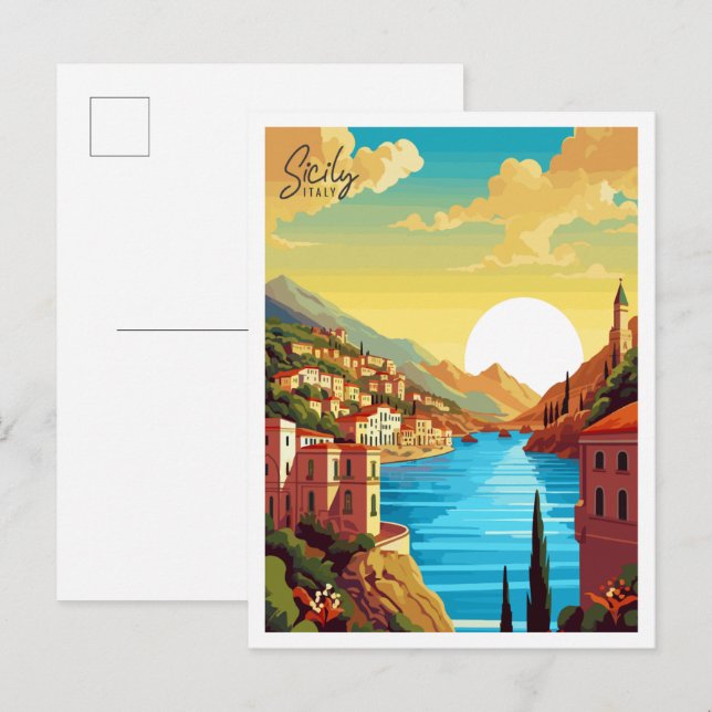 Sicily Italy vintage travel illustration Postcard (Front/Back)