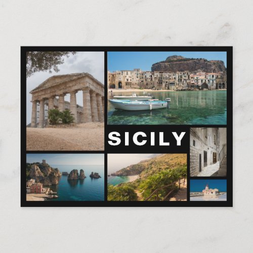 Sicily multiple image collage black postcard