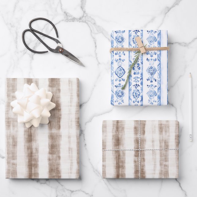 Sicily Rustic Brown Stripes Bridal Shower Wrapping Paper Sheets (Front)