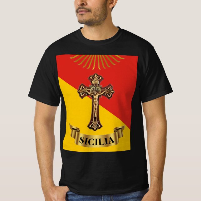 Sicily / Sicilian Crucifix and Flag T-Shirt (Front)