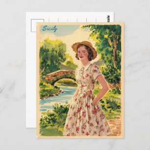Sicily vintage italian lady in the country 50s postcard
