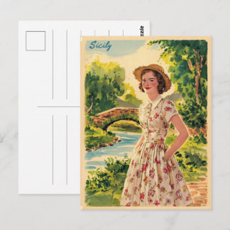 Sicily vintage italian lady in the country 50s postcard