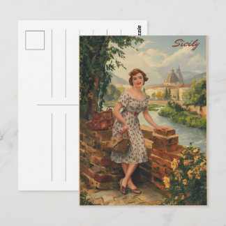 Sicily vintage italian lady in the country 50s postcard