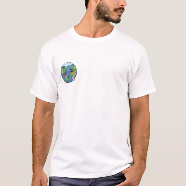 Sick Cartoon Earth Character With Thermometer T-Shirt (Front)