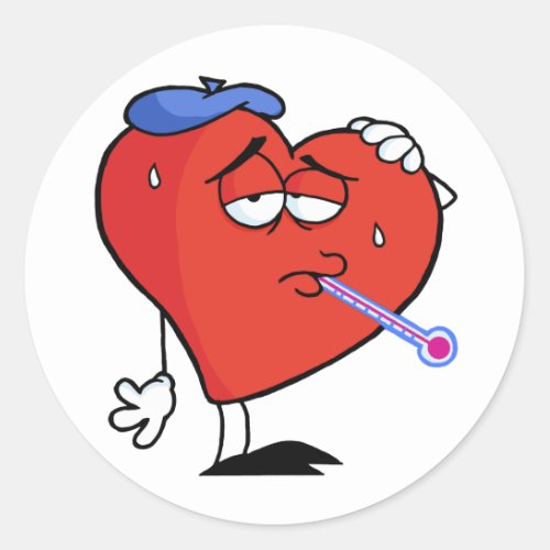 Sick Red Heart With A Thermometer In His Mouth Classic Round Sticker