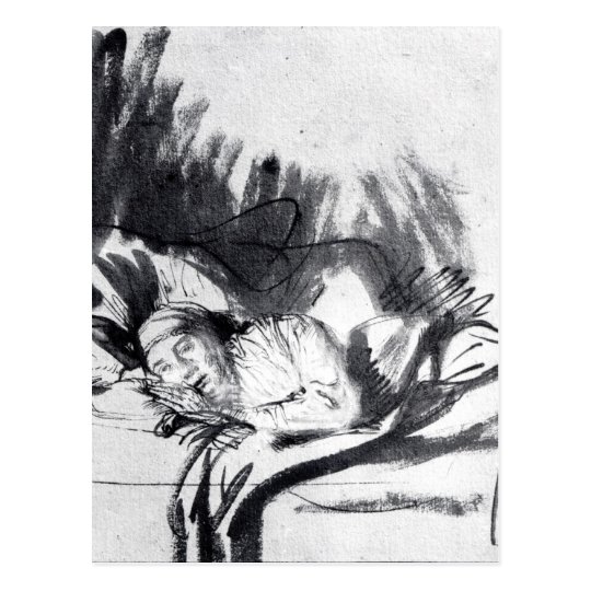 Sick woman in a bed, maybe Saskia Postcard