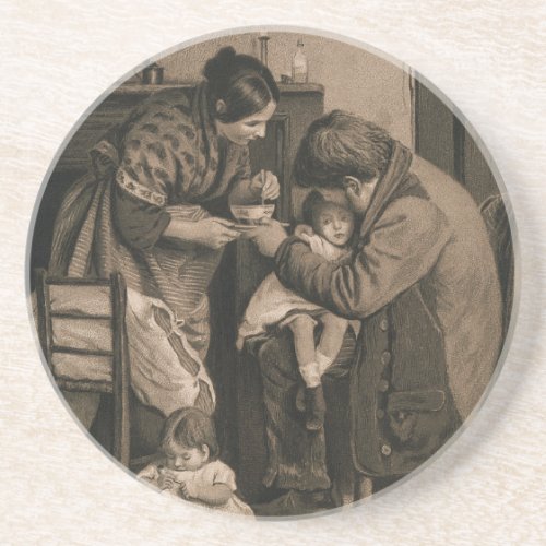 Sick Young Girl Supported by Her Father and Mother Coaster